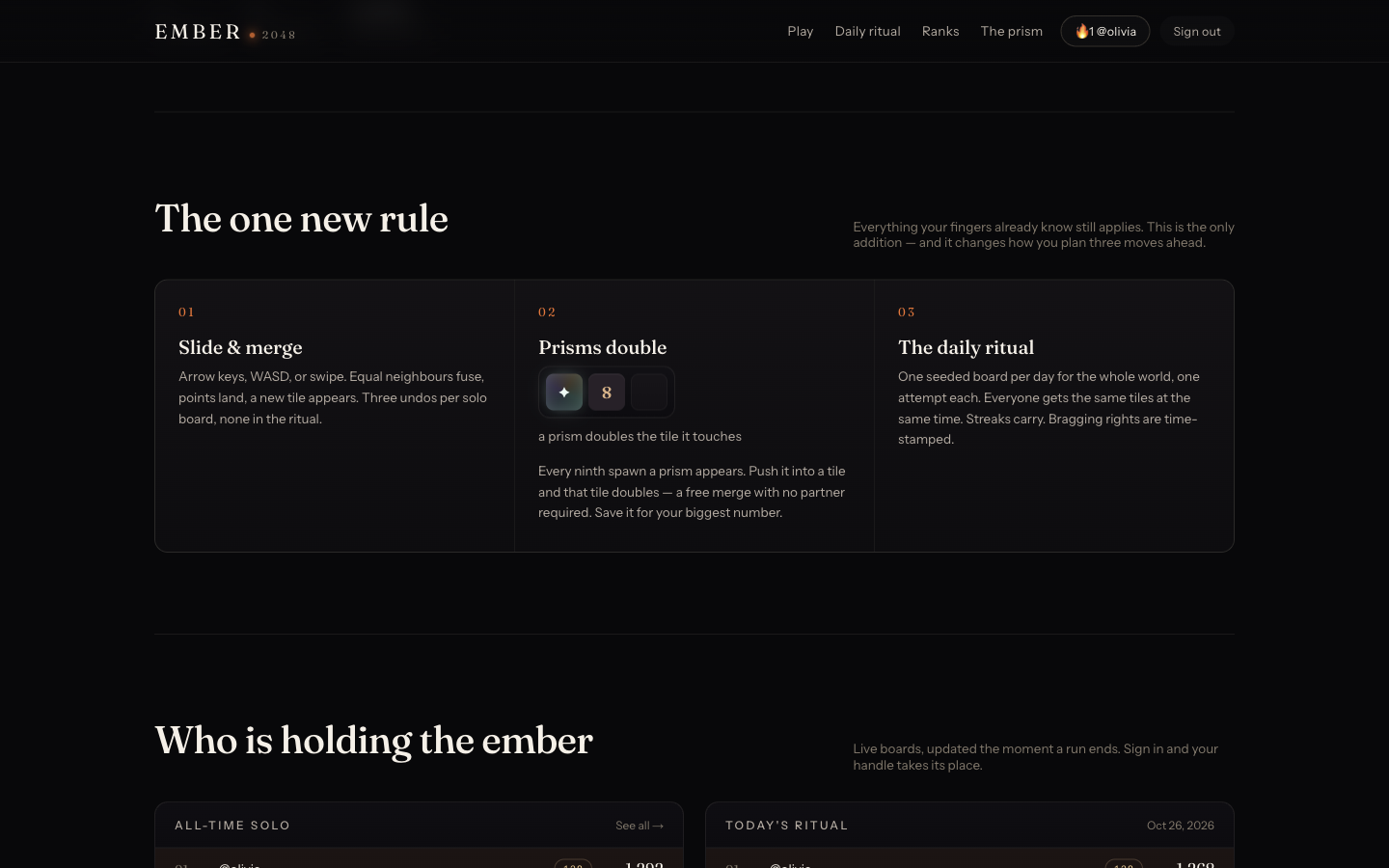 The prism rule explainer on the Ember 2048 landing page